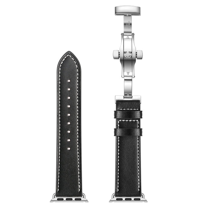 Lisslune | Leather + Butterfly Silver Buckle Watch Band for Apple Watch Series 7 45mm / 6 & SE & 5 & 4 44mm / 3 & 2 & 1 42mm (Black)