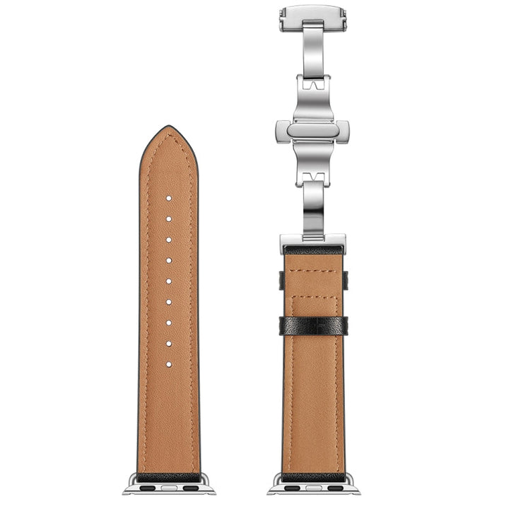 Lisslune | Leather + Butterfly Silver Buckle Watch Band for Apple Watch Series 7 45mm / 6 & SE & 5 & 4 44mm / 3 & 2 & 1 42mm (Black)