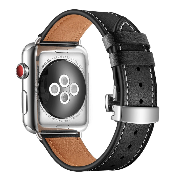 Lisslune | Leather + Butterfly Silver Buckle Watch Band for Apple Watch Series 7 45mm / 6 & SE & 5 & 4 44mm / 3 & 2 & 1 42mm (Black)