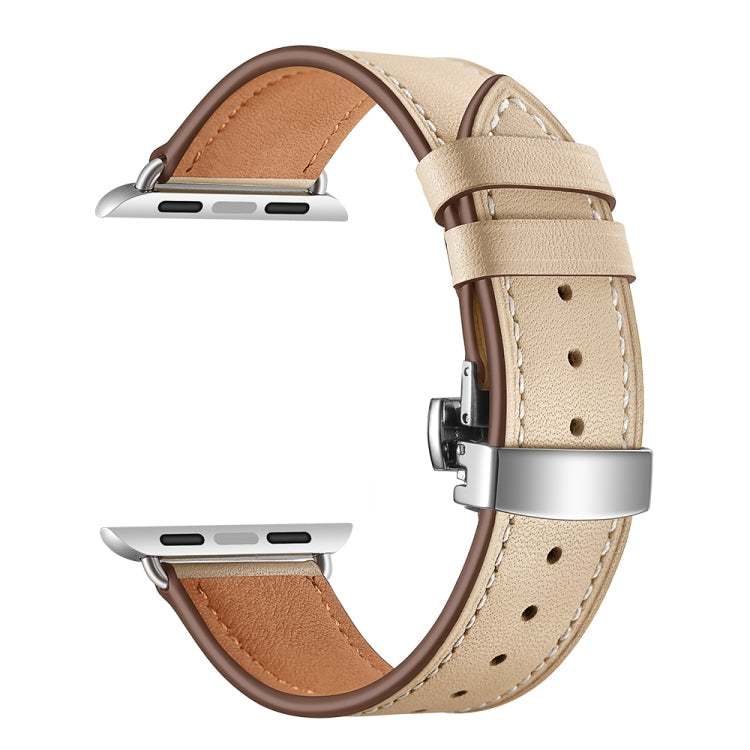 Lisslune | Leather + Butterfly Silver Buckle Watch Band for Apple Watch Series 7 45mm / 6 & SE & 5 & 4 44mm / 3 & 2 & 1 42mm (Apricot)