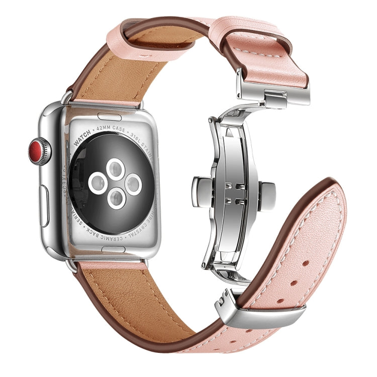 Lisslune | Leather + Butterfly Silver Buckle Watch Band for Apple Watch Series 7 41mm / 6 & SE & 5 & 4 40mm / 3 & 2 & 1 38mm (Pink)