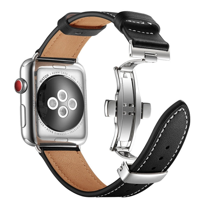 Lisslune | Leather + Butterfly Silver Buckle Watch Band for Apple Watch Series 7 41mm / 6 & SE & 5 & 4 40mm / 3 & 2 & 1 38mm (Black)