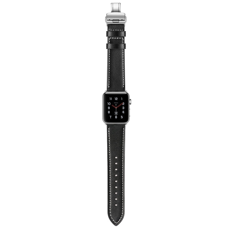 Lisslune | Leather + Butterfly Silver Buckle Watch Band for Apple Watch Series 7 41mm / 6 & SE & 5 & 4 40mm / 3 & 2 & 1 38mm (Black)