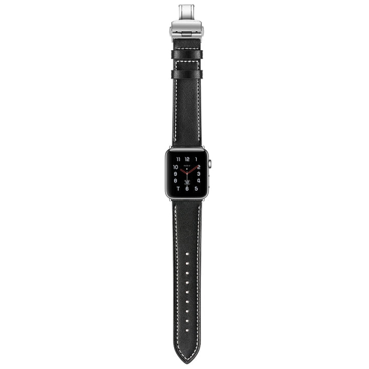 Lisslune | Leather + Butterfly Silver Buckle Watch Band for Apple Watch Series 7 41mm / 6 & SE & 5 & 4 40mm / 3 & 2 & 1 38mm (Black)
