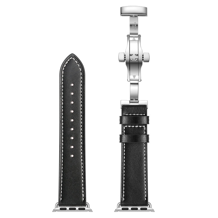 Lisslune | Leather + Butterfly Silver Buckle Watch Band for Apple Watch Series 7 41mm / 6 & SE & 5 & 4 40mm / 3 & 2 & 1 38mm (Black)
