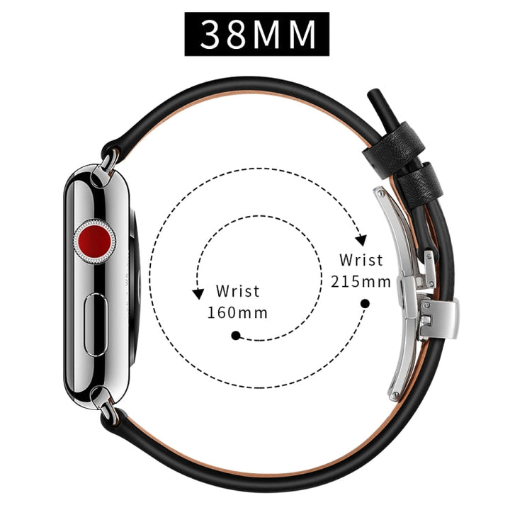 Lisslune | Leather + Butterfly Silver Buckle Watch Band for Apple Watch Series 7 41mm / 6 & SE & 5 & 4 40mm / 3 & 2 & 1 38mm (Black)
