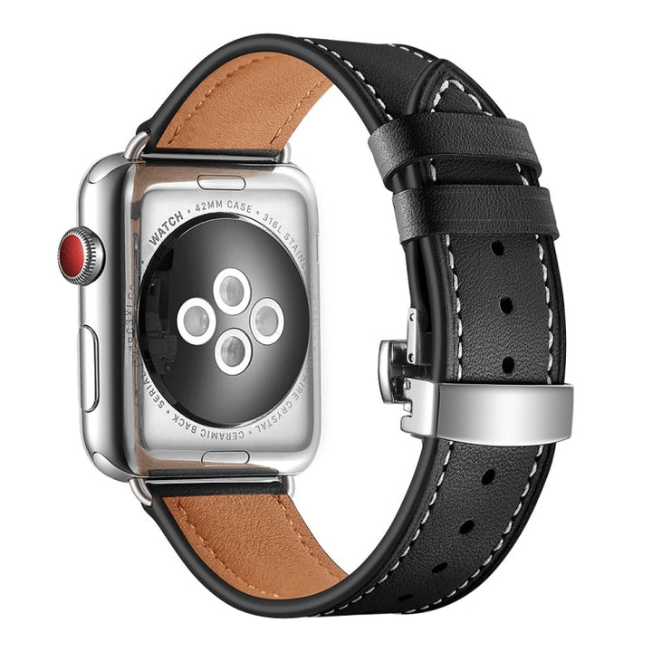 Lisslune | Leather + Butterfly Silver Buckle Watch Band for Apple Watch Series 7 41mm / 6 & SE & 5 & 4 40mm / 3 & 2 & 1 38mm (Black)