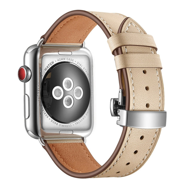 Lisslune | Leather + Butterfly Silver Buckle Watch Band for Apple Watch Series 7 41mm / 6 & SE & 5 & 4 40mm / 3 & 2 & 1 38mm (Apricot)