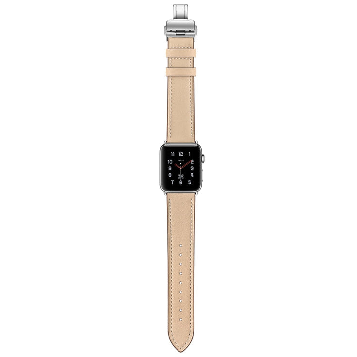 Lisslune | Leather + Butterfly Silver Buckle Watch Band for Apple Watch Series 7 41mm / 6 & SE & 5 & 4 40mm / 3 & 2 & 1 38mm (Apricot)