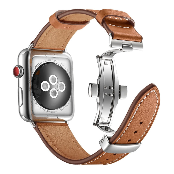 Lisslune | Leather + Butterfly Silver Buckle Watch Band for Apple Watch Series 7 41mm / 6 & SE & 5 & 4 40mm / 3 & 2 & 1 38mm (Brown)