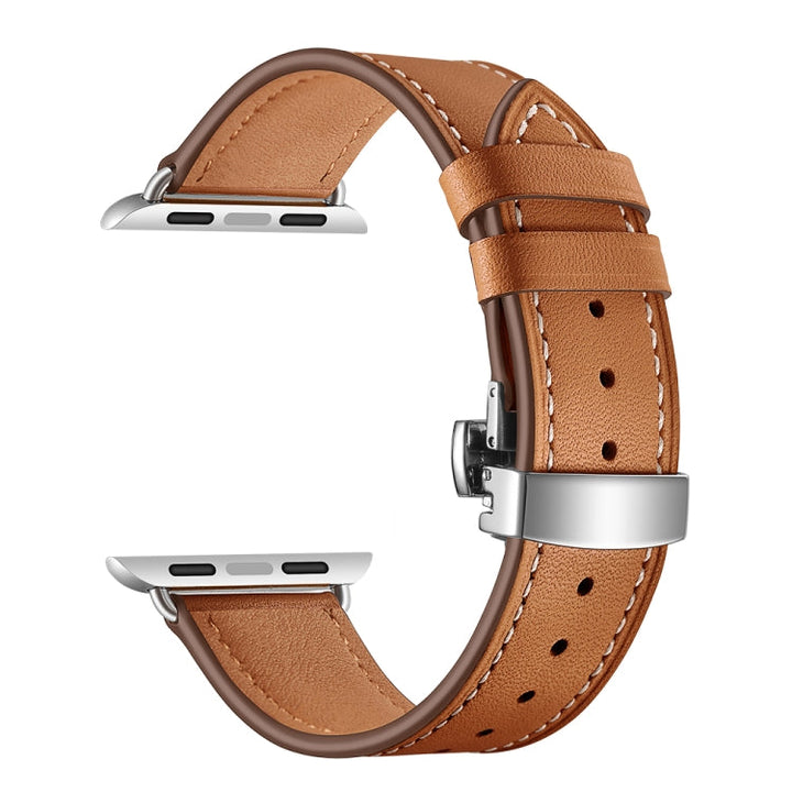 Lisslune | Leather + Butterfly Silver Buckle Watch Band for Apple Watch Series 7 41mm / 6 & SE & 5 & 4 40mm / 3 & 2 & 1 38mm (Brown)