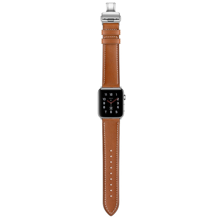Lisslune | Leather + Butterfly Silver Buckle Watch Band for Apple Watch Series 7 41mm / 6 & SE & 5 & 4 40mm / 3 & 2 & 1 38mm (Brown)