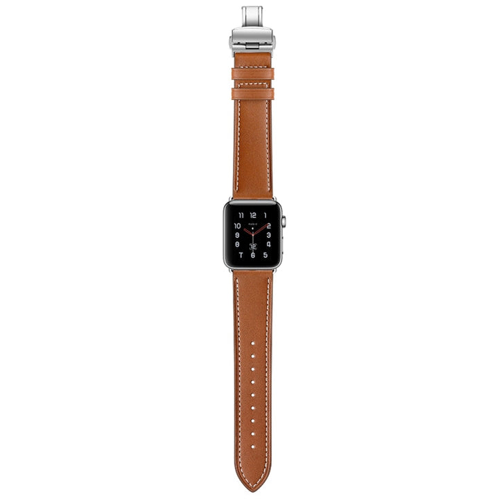Lisslune | Leather + Butterfly Silver Buckle Watch Band for Apple Watch Series 7 41mm / 6 & SE & 5 & 4 40mm / 3 & 2 & 1 38mm (Brown)