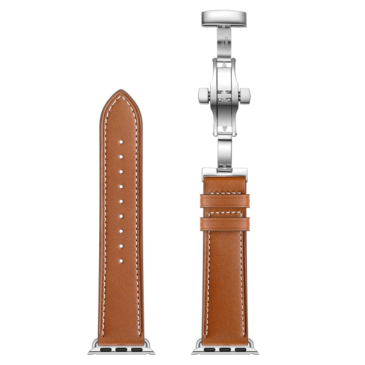 Lisslune | Leather + Butterfly Silver Buckle Watch Band for Apple Watch Series 7 41mm / 6 & SE & 5 & 4 40mm / 3 & 2 & 1 38mm (Brown)