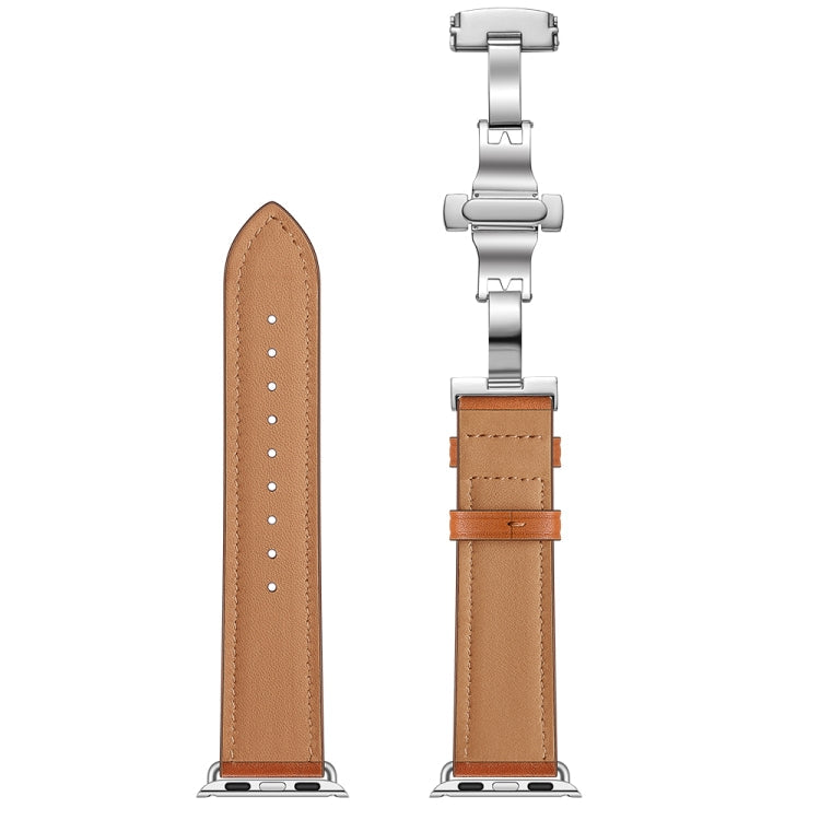 Lisslune | Leather + Butterfly Silver Buckle Watch Band for Apple Watch Series 7 41mm / 6 & SE & 5 & 4 40mm / 3 & 2 & 1 38mm (Brown)
