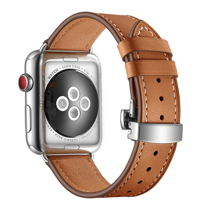 Lisslune | Leather + Butterfly Silver Buckle Watch Band for Apple Watch Series 7 41mm / 6 & SE & 5 & 4 40mm / 3 & 2 & 1 38mm (Brown)
