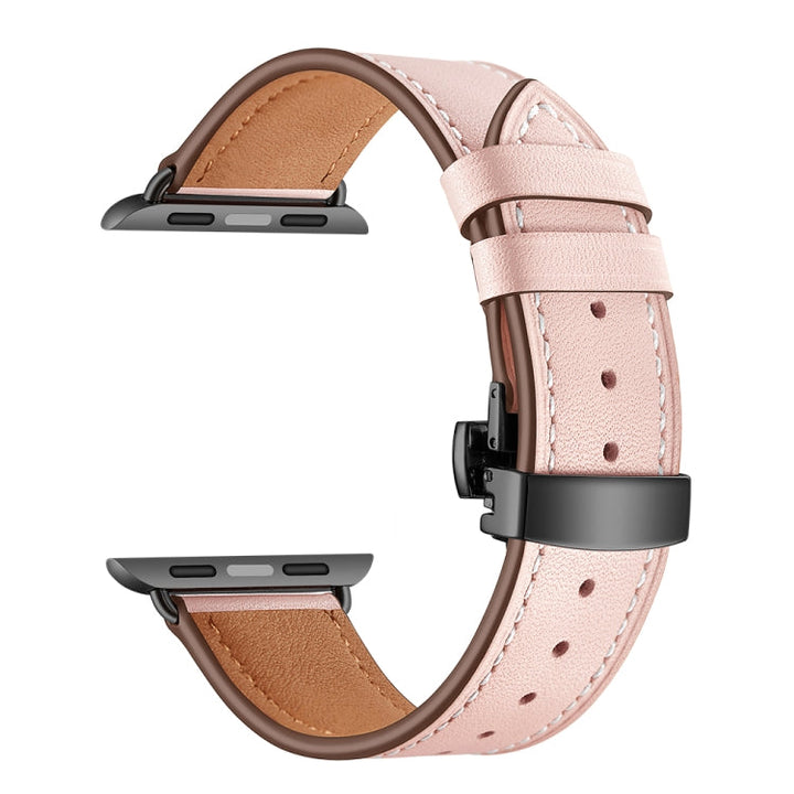 Lisslune | Leather + Butterfly Black Buckle Watch Strap for Apple Watch Series 7 45mm / 6 & SE & 5 & 4 44mm / 3 & 2 & 1 42mm (Pink)