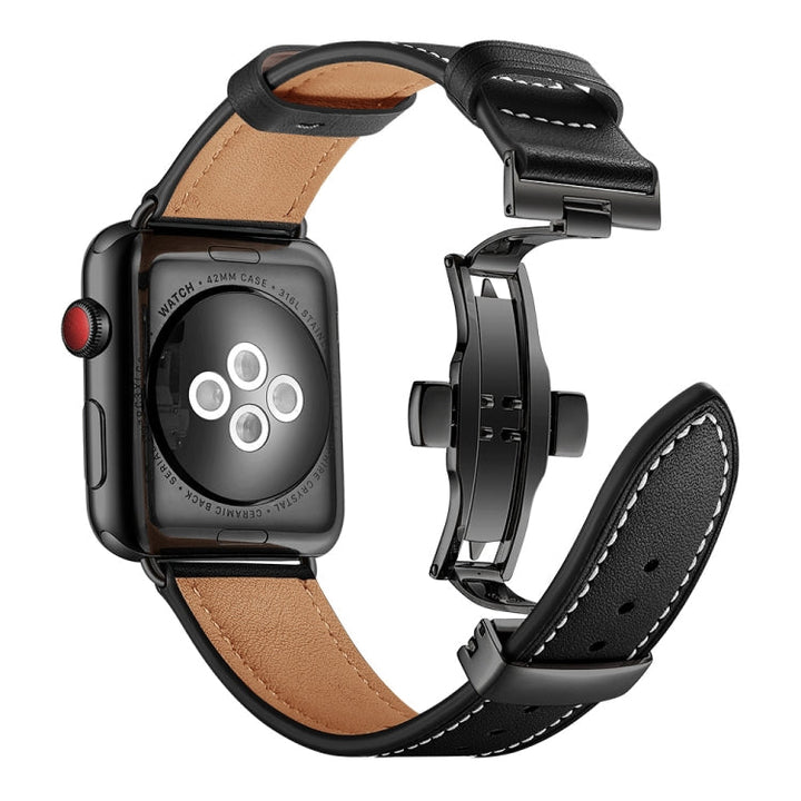 Lisslune | Leather + Butterfly Black Buckle Watch Band for Apple Watch Series 7 45mm / 6 & SE & 5 & 4 44mm / 3 & 2 & 1 42mm (Black)
