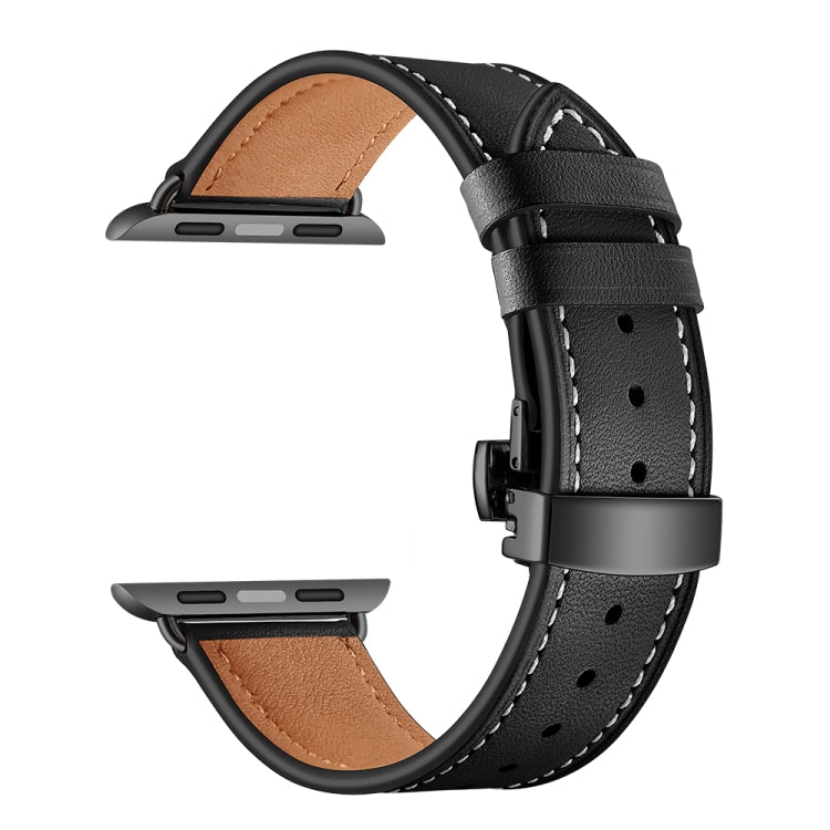 Lisslune | Leather + Butterfly Black Buckle Watch Band for Apple Watch Series 7 45mm / 6 & SE & 5 & 4 44mm / 3 & 2 & 1 42mm (Black)