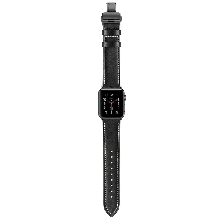 Lisslune | Leather + Butterfly Black Buckle Watch Band for Apple Watch Series 7 45mm / 6 & SE & 5 & 4 44mm / 3 & 2 & 1 42mm (Black)