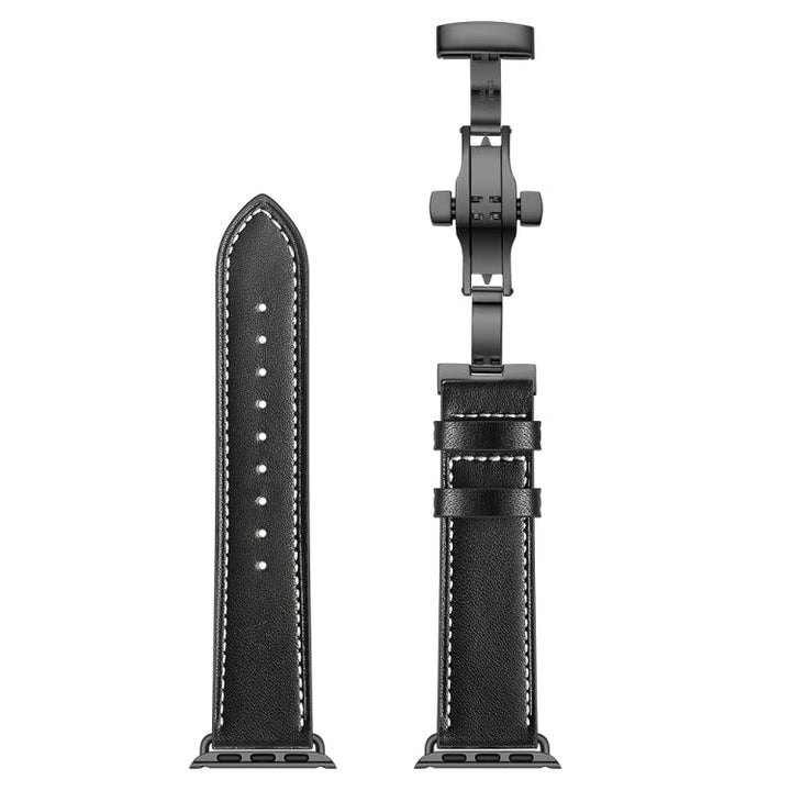 Lisslune | Leather + Butterfly Black Buckle Watch Band for Apple Watch Series 7 45mm / 6 & SE & 5 & 4 44mm / 3 & 2 & 1 42mm (Black)