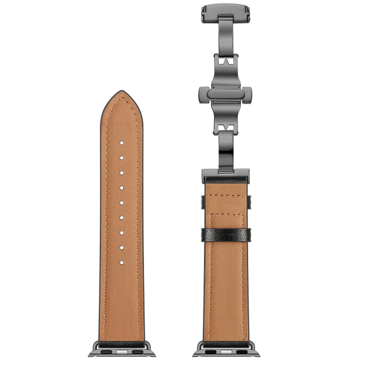 Lisslune | Leather + Butterfly Black Buckle Watch Band for Apple Watch Series 7 45mm / 6 & SE & 5 & 4 44mm / 3 & 2 & 1 42mm (Black)