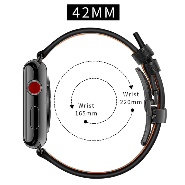 Lisslune | Leather + Butterfly Black Buckle Watch Band for Apple Watch Series 7 45mm / 6 & SE & 5 & 4 44mm / 3 & 2 & 1 42mm (Black)
