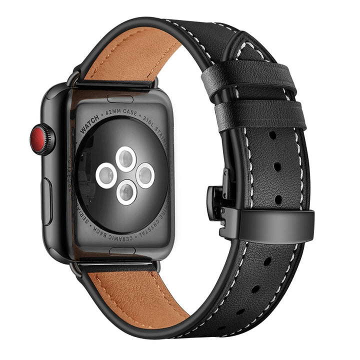 Lisslune | Leather + Butterfly Black Buckle Watch Band for Apple Watch Series 7 45mm / 6 & SE & 5 & 4 44mm / 3 & 2 & 1 42mm (Black)