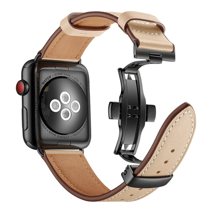 Lisslune | Leather + Butterfly Black Buckle Watch Band for Apple Watch Series 7 45mm / 6 & SE & 5 & 4 44mm / 3 & 2 & 1 42mm (Apricot)