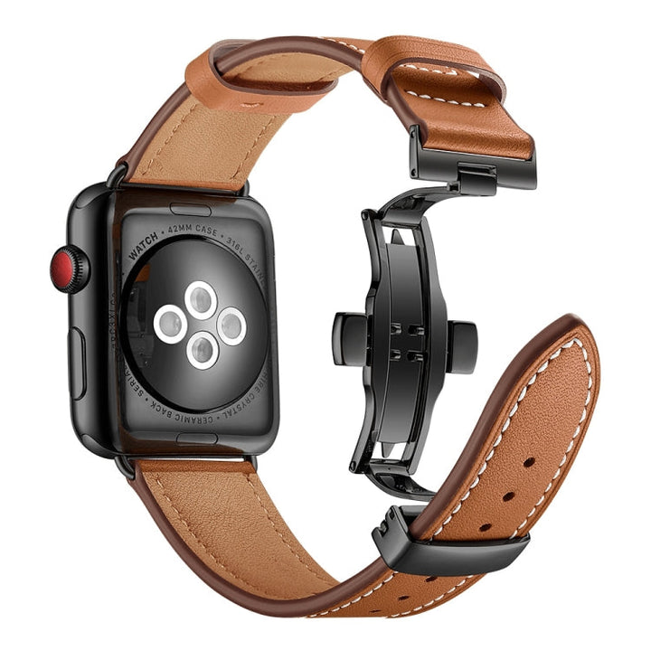 Lisslune | Leather + Butterfly Black Buckle Watch Band for Apple Watch Series 7 45mm / 6 & SE & 5 & 4 44mm / 3 & 2 & 1 42mm (Brown)