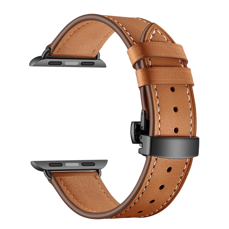 Lisslune | Leather + Butterfly Black Buckle Watch Band for Apple Watch Series 7 45mm / 6 & SE & 5 & 4 44mm / 3 & 2 & 1 42mm (Brown)