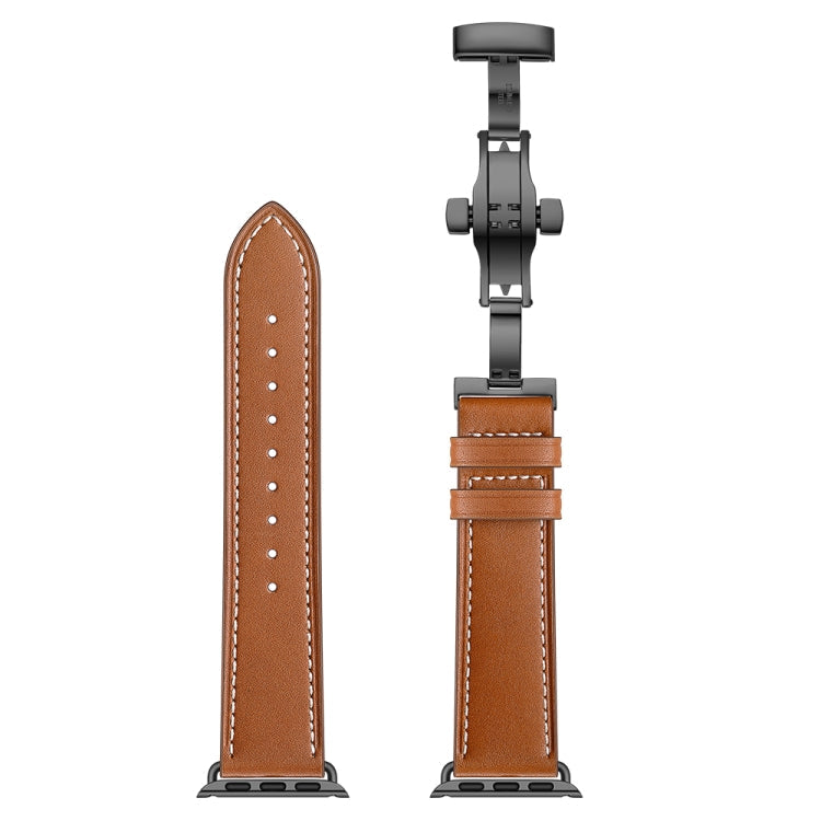Lisslune | Leather + Butterfly Black Buckle Watch Band for Apple Watch Series 7 45mm / 6 & SE & 5 & 4 44mm / 3 & 2 & 1 42mm (Brown)
