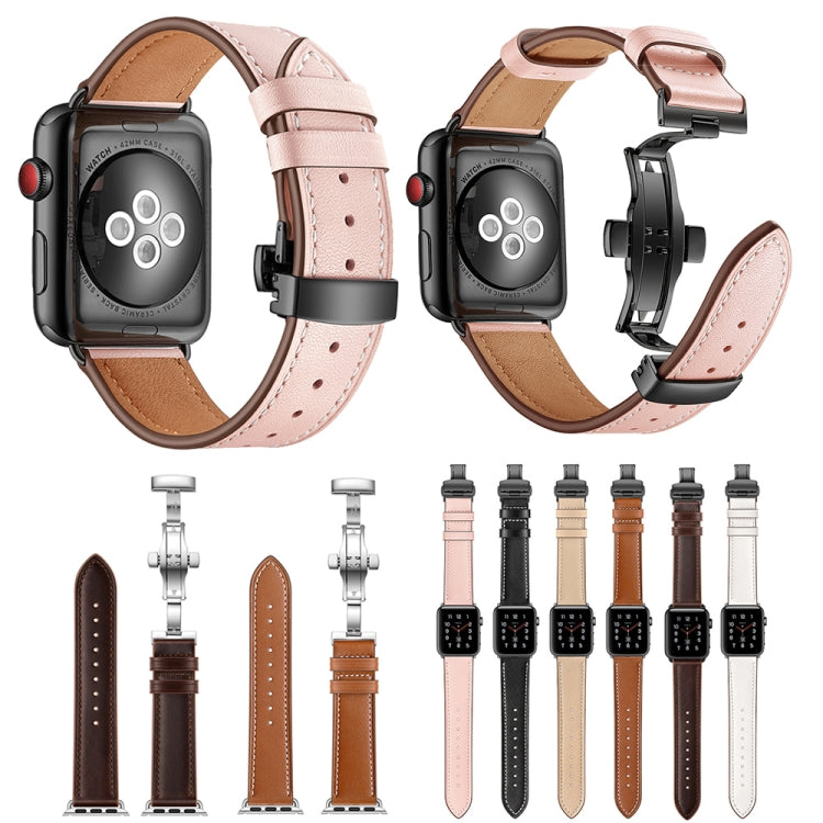 Lisslune | Leather + Butterfly Black Buckle Watch Strap for Apple Watch Series 7 45mm / 6 & SE & 5 & 4 44mm / 3 & 2 & 1 42mm (Pink)