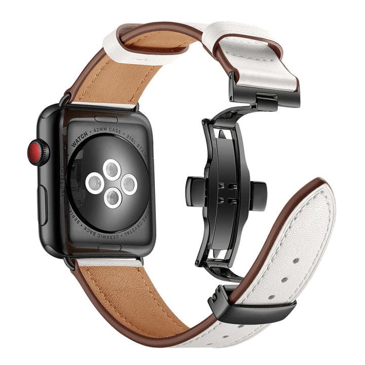 Lisslune | Leather + Butterfly Black Buckle Watch Band for Apple Watch Series 9&8&7 41mm / SE 3&SE 2&6&SE&5&4 40mm / 3&2&1 38mm (White)