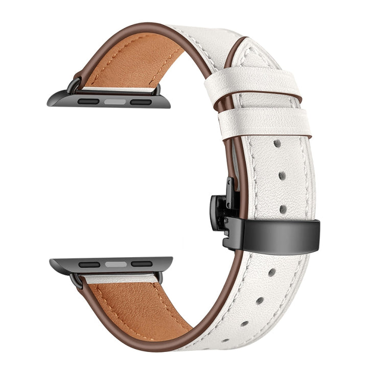 Lisslune | Leather + Butterfly Black Buckle Watch Band for Apple Watch Series 9&8&7 41mm / SE 3&SE 2&6&SE&5&4 40mm / 3&2&1 38mm (White)