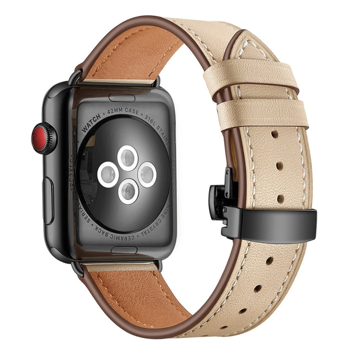 Lisslune | Leather + Butterfly Black Buckle Watch Band for Apple Watch Series 9&8&7 41mm / SE 3&SE 2&6&SE&5&4 40mm / 3&2&1 38mm (Apricot)