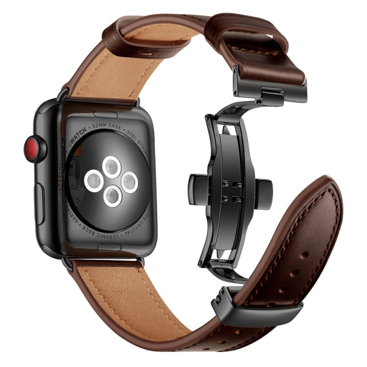 Lisslune | Leather + Butterfly Black Buckle Watch Strap for Apple Watch Series 9&8&7 41mm / SE 3&SE 2&6&SE&5&4 40mm / 3&2&1 38mm (Dark Brown)