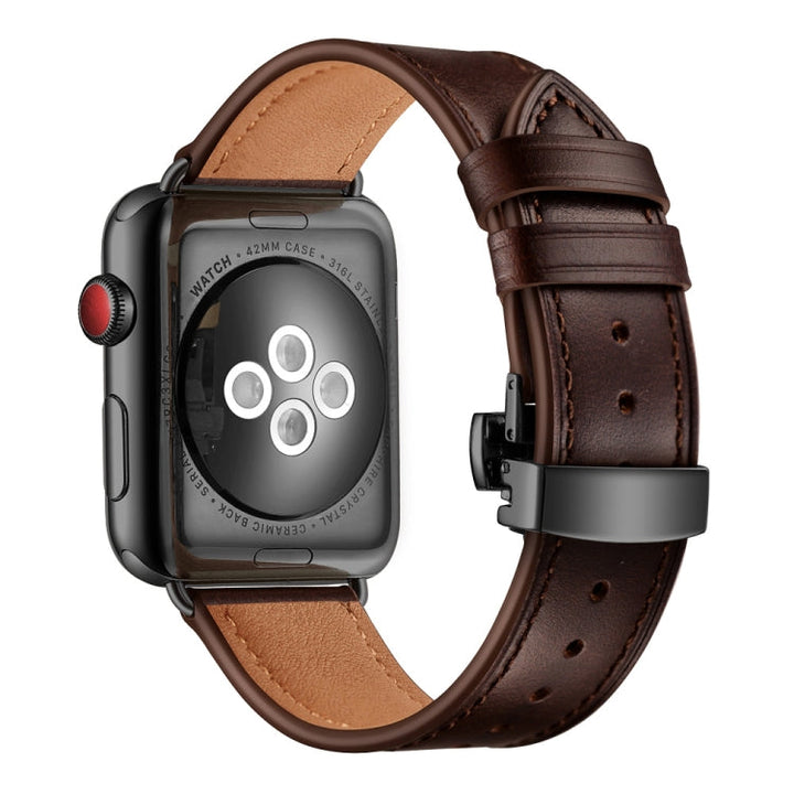 Lisslune | Leather + Butterfly Black Buckle Watch Strap for Apple Watch Series 9&8&7 41mm / SE 3&SE 2&6&SE&5&4 40mm / 3&2&1 38mm (Dark Brown)
