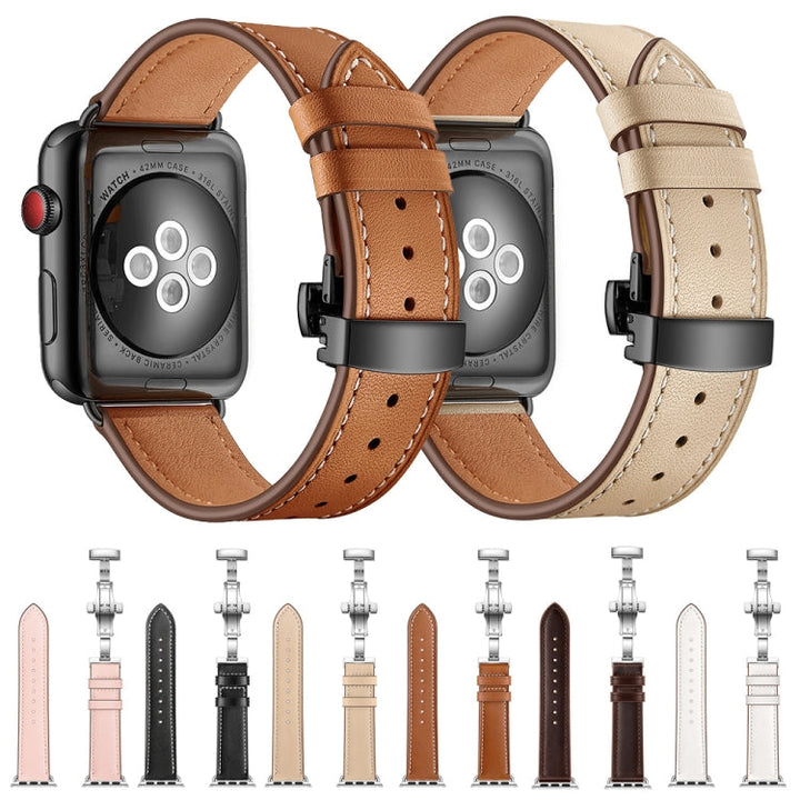 Lisslune | leather + butterfly black buckle watch band for Apple Watch Series 7 41mm / 6 & SE & 5 & 4 40mm / 3 & 2 & 1 38mm (Brown)