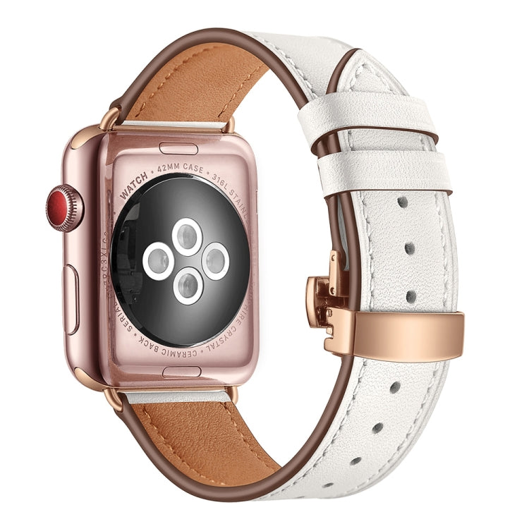 Lisslune | Leather + Butterfly Rose Gold Buckle Watch Band for Apple Watch Ultra 49mm & Watch Ultra 2 49mm / Series 9 & 8 & 7 45mm / SE 3 & SE 2 & 6 & SE & 5 & 4 44mm / 3 & 2 & 1 42mm (White)