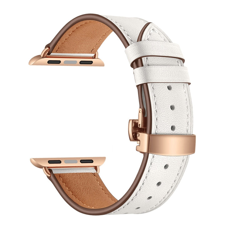 Lisslune | Leather + Butterfly Rose Gold Buckle Watch Band for Apple Watch Ultra 49mm & Watch Ultra 2 49mm / Series 9 & 8 & 7 45mm / SE 3 & SE 2 & 6 & SE & 5 & 4 44mm / 3 & 2 & 1 42mm (White)