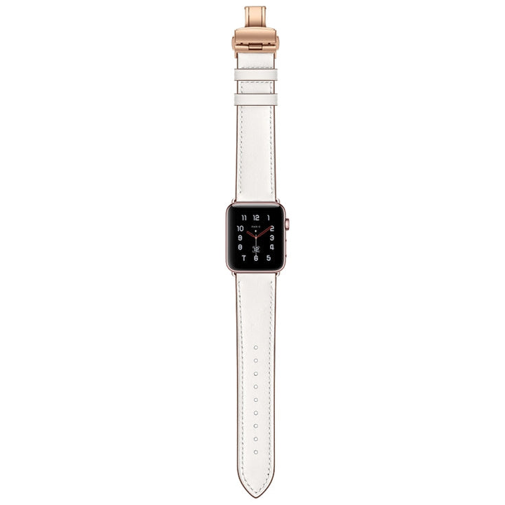 Lisslune | Leather + Butterfly Rose Gold Buckle Watch Band for Apple Watch Ultra 49mm & Watch Ultra 2 49mm / Series 9 & 8 & 7 45mm / SE 3 & SE 2 & 6 & SE & 5 & 4 44mm / 3 & 2 & 1 42mm (White)