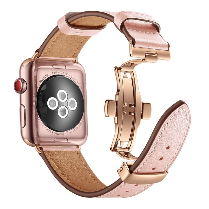 Lisslune | Leather + Butterfly Rose Gold Buckle Watch Band for Apple Watch Ultra 49mm & Watch Ultra 2 49mm / Series 9 & 8 & 7 45mm / SE 3 & SE 2 & 6 & SE & 5 & 4 44mm / 3 & 2 & 1 42mm (Pink)