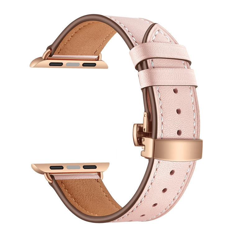 Lisslune | Leather + Butterfly Rose Gold Buckle Watch Band for Apple Watch Ultra 49mm & Watch Ultra 2 49mm / Series 9 & 8 & 7 45mm / SE 3 & SE 2 & 6 & SE & 5 & 4 44mm / 3 & 2 & 1 42mm (Pink)