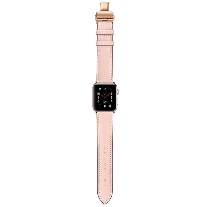 Lisslune | Leather + Butterfly Rose Gold Buckle Watch Band for Apple Watch Ultra 49mm & Watch Ultra 2 49mm / Series 9 & 8 & 7 45mm / SE 3 & SE 2 & 6 & SE & 5 & 4 44mm / 3 & 2 & 1 42mm (Pink)