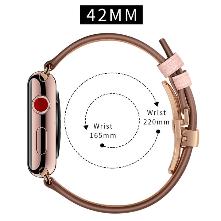 Lisslune | Leather + Butterfly Rose Gold Buckle Watch Band for Apple Watch Ultra 49mm & Watch Ultra 2 49mm / Series 9 & 8 & 7 45mm / SE 3 & SE 2 & 6 & SE & 5 & 4 44mm / 3 & 2 & 1 42mm (Pink)