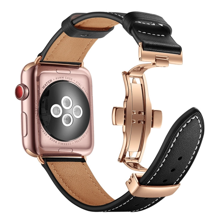 Lisslune | leather + butterfly rose gold buckle watch strap for Apple Watch Ultra 49mm & Watch Ultra 2 49mm / Series 9 & 8 & 7 45mm / SE 3 & SE 2 & 6 & SE & 5 & 4 44mm / 3 & 2 & 1 42mm (Black)