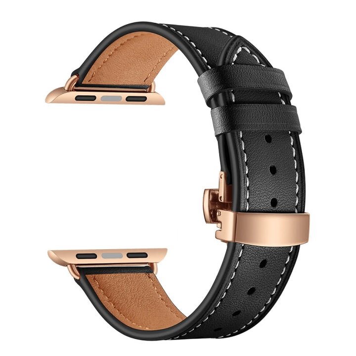 Lisslune | leather + butterfly rose gold buckle watch strap for Apple Watch Ultra 49mm & Watch Ultra 2 49mm / Series 9 & 8 & 7 45mm / SE 3 & SE 2 & 6 & SE & 5 & 4 44mm / 3 & 2 & 1 42mm (Black)