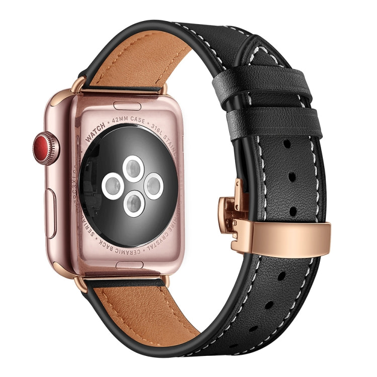 Lisslune | leather + butterfly rose gold buckle watch strap for Apple Watch Ultra 49mm & Watch Ultra 2 49mm / Series 9 & 8 & 7 45mm / SE 3 & SE 2 & 6 & SE & 5 & 4 44mm / 3 & 2 & 1 42mm (Black)