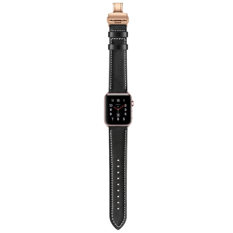 Lisslune | leather + butterfly rose gold buckle watch strap for Apple Watch Ultra 49mm & Watch Ultra 2 49mm / Series 9 & 8 & 7 45mm / SE 3 & SE 2 & 6 & SE & 5 & 4 44mm / 3 & 2 & 1 42mm (Black)